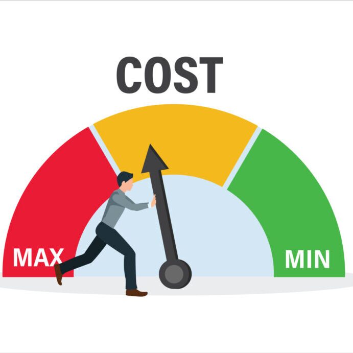 Businessman people turning cost dial to a low illustration. Cost reduction, cost cutting and efficiency concept