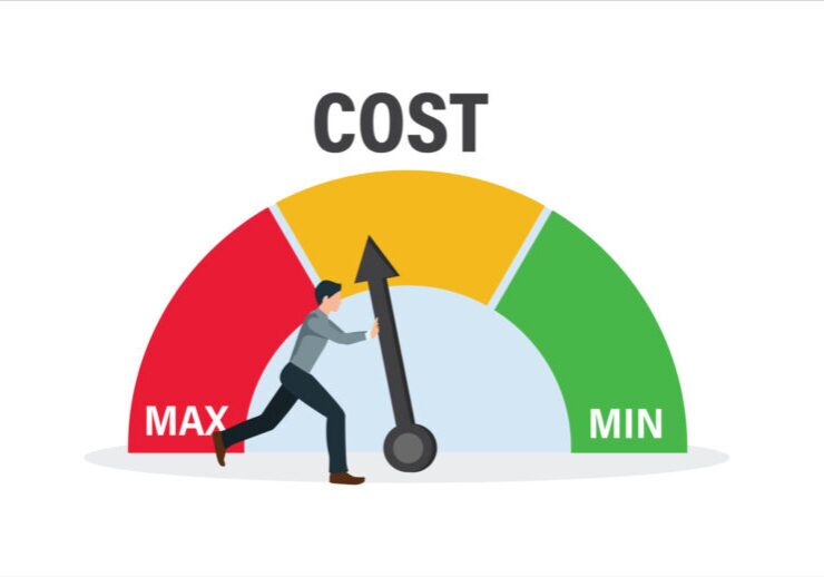 Businessman people turning cost dial to a low illustration. Cost reduction, cost cutting and efficiency concept