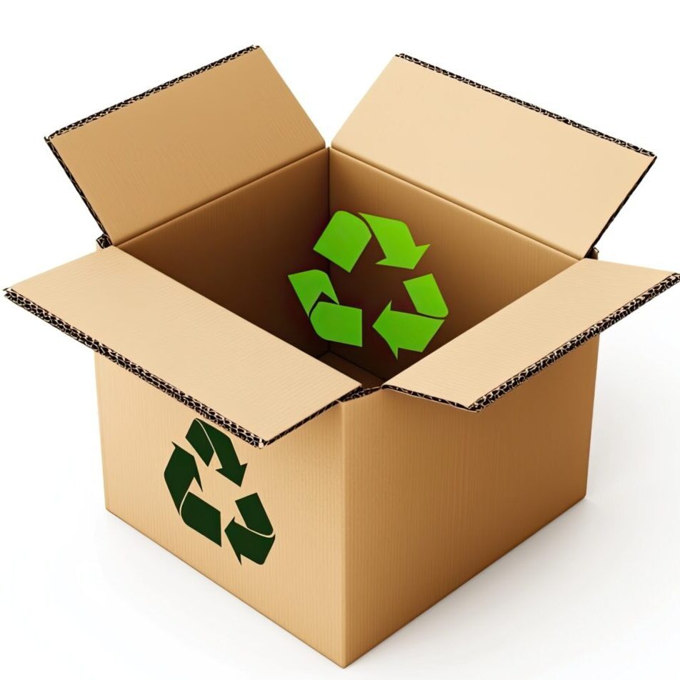 3D icon of an open cardboard box with a green recycling symbol on a white background, in a minimalistic style with a simple design. The image has a high-quality, white and black color palette, and is a 2D illustration with sharp focus, high detail, and is isolated in the middle of the canvas in an isometric view. There are no shadows or text, and it has high contrast, bright colors, smooth edges and corners, and a cartoonish, game art asset appearance.